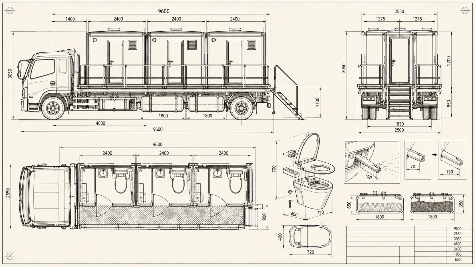 Plan technique du camion TotoCaCamion : vues de profil, de dessus et arrière, réservoirs, escalier escamotable
